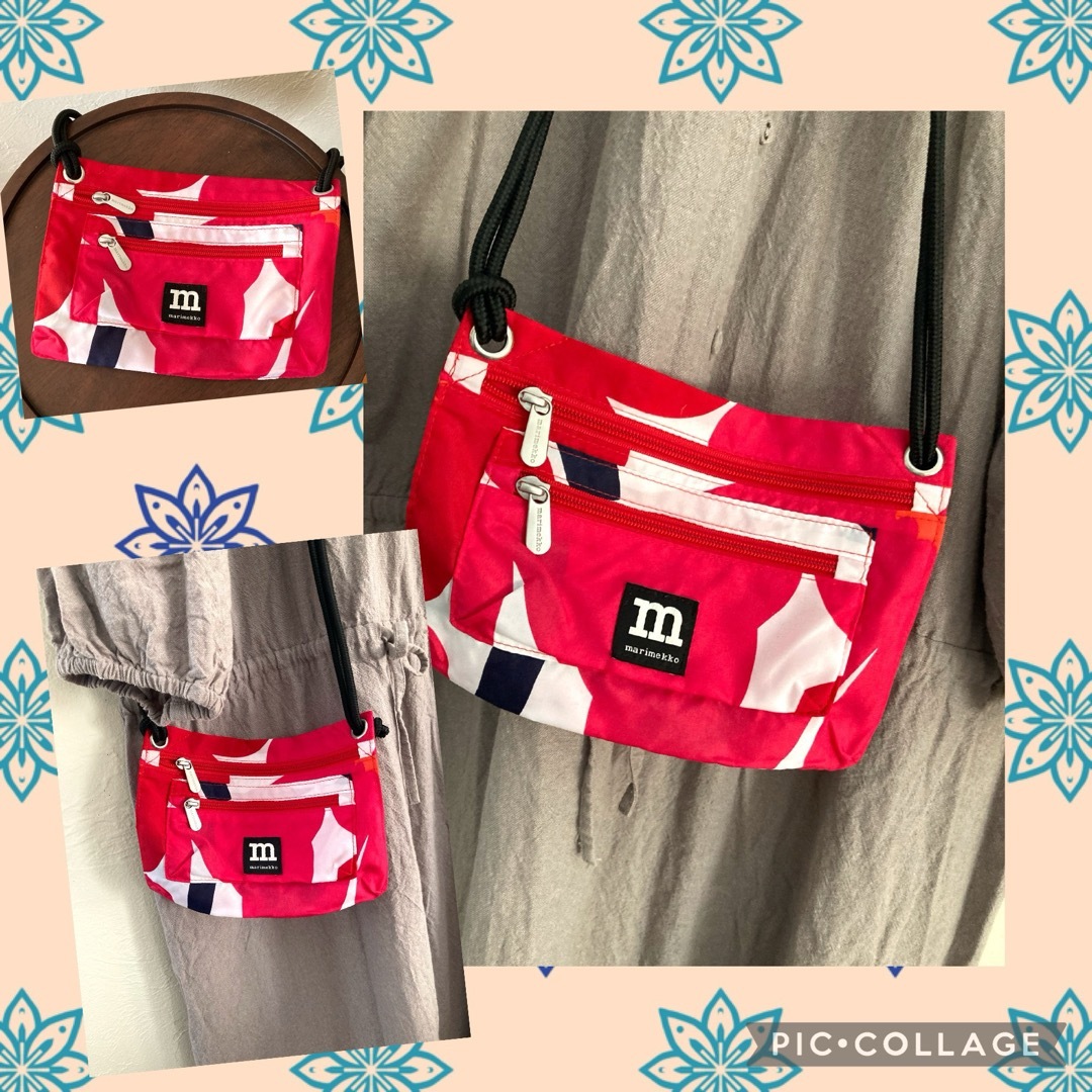 marimekko(マリメッコ)の【美品】マリメッコ スマートトラベルバッグ ショルダーバッグ 赤 花柄 レディースのバッグ(ショルダーバッグ)の商品写真