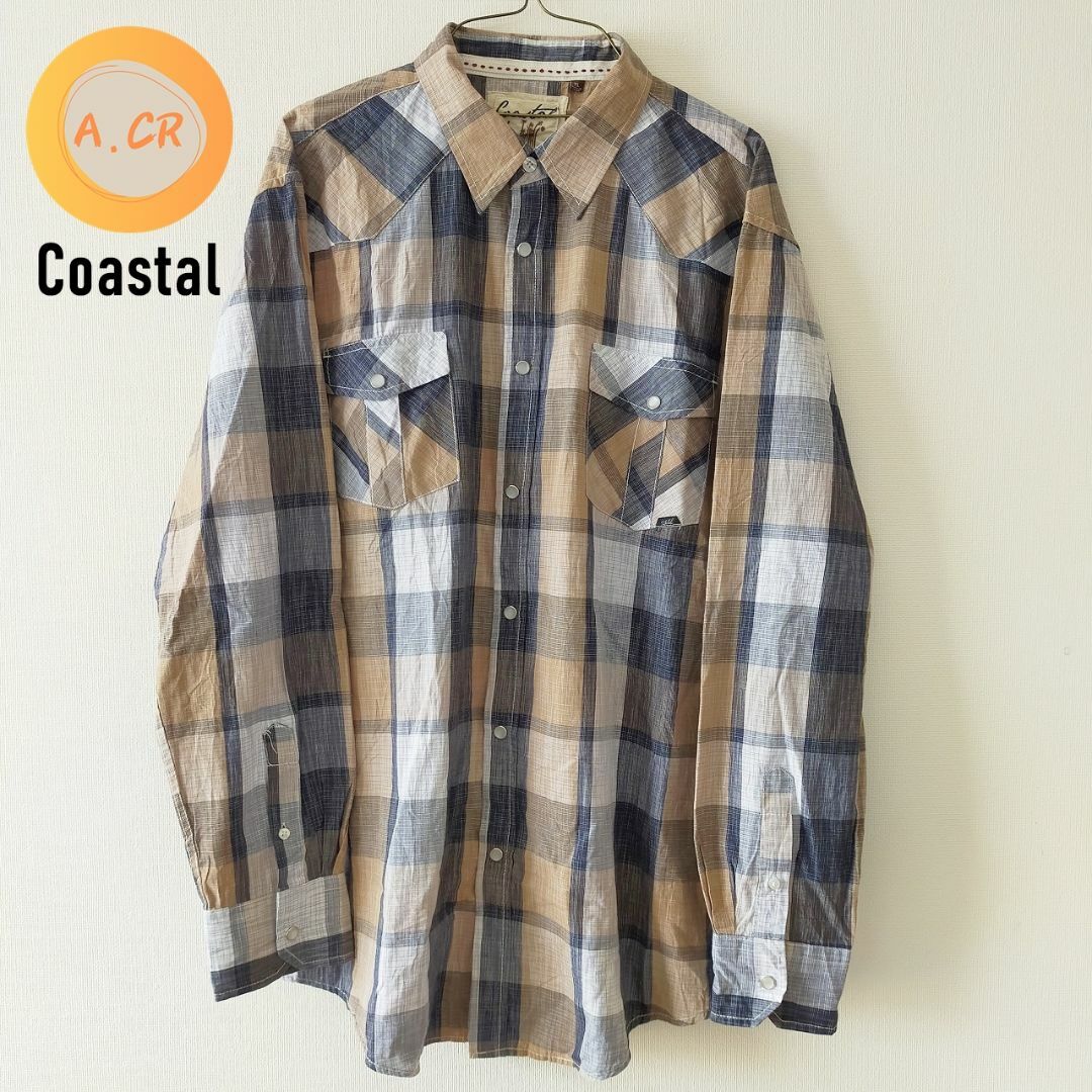 Coastal　チェック柄　ウエスタンシャツ　XL 　古着　ブラウン ネイビー メンズのトップス(シャツ)の商品写真