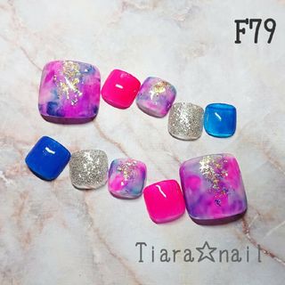 F79☆ フットネイル ブルー×タイダイ♪ ネイルチップ ペディキュア ネイル