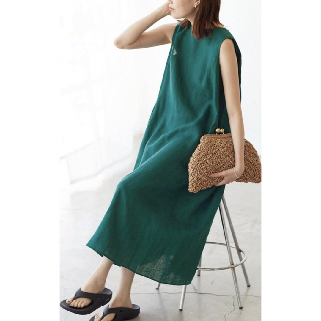 SLOBE IENA リネンタックノースリーブワンピース グリーン フリーサイズ SLOBE IENA リネンタックノースリーブワンピース グリーン フリーサイズ