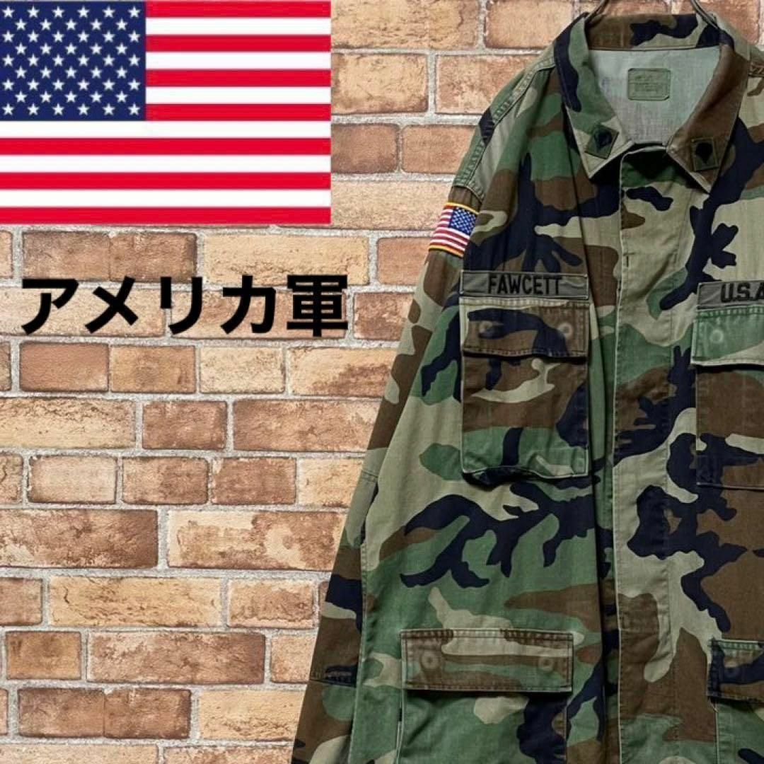 アメリカ軍　米軍　ミリタリージャケット　シャツ　迷彩　カモフラ　星条旗　L メンズのジャケット/アウター(ミリタリージャケット)の商品写真