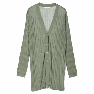 グリーンパークス(green parks)の【カーキ】推しニット リブ編みミドル丈カーディガン 24SS/レディース/夏/接触冷感/UVカット/洗える/マシンウォッシャブル/体型カバー(カーディガン)