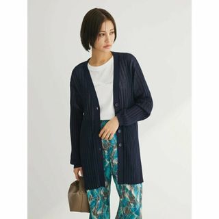 グリーンパークス(green parks)の【ネイビー】推しニット リブ編みミドル丈カーディガン 24SS/レディース/夏/接触冷感/UVカット/洗える/マシンウォッシャブル/体型カバー(カーディガン)