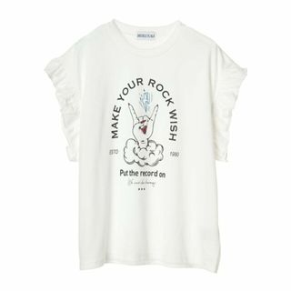 グリーンパークス(green parks)の【オフホワイト】DoubleFlags フリルショルダープリントTEE 24SS/レディース/夏/クルーネック/着映え/(カットソー(長袖/七分))