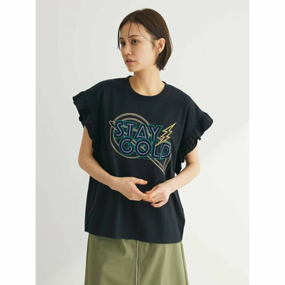 green parks(グリーンパークス)の【ブラック】DoubleFlags フリルショルダープリントTEE 24SS/レディース/夏/クルーネック/着映え/ レディースのトップス(カットソー(長袖/七分))の商品写真