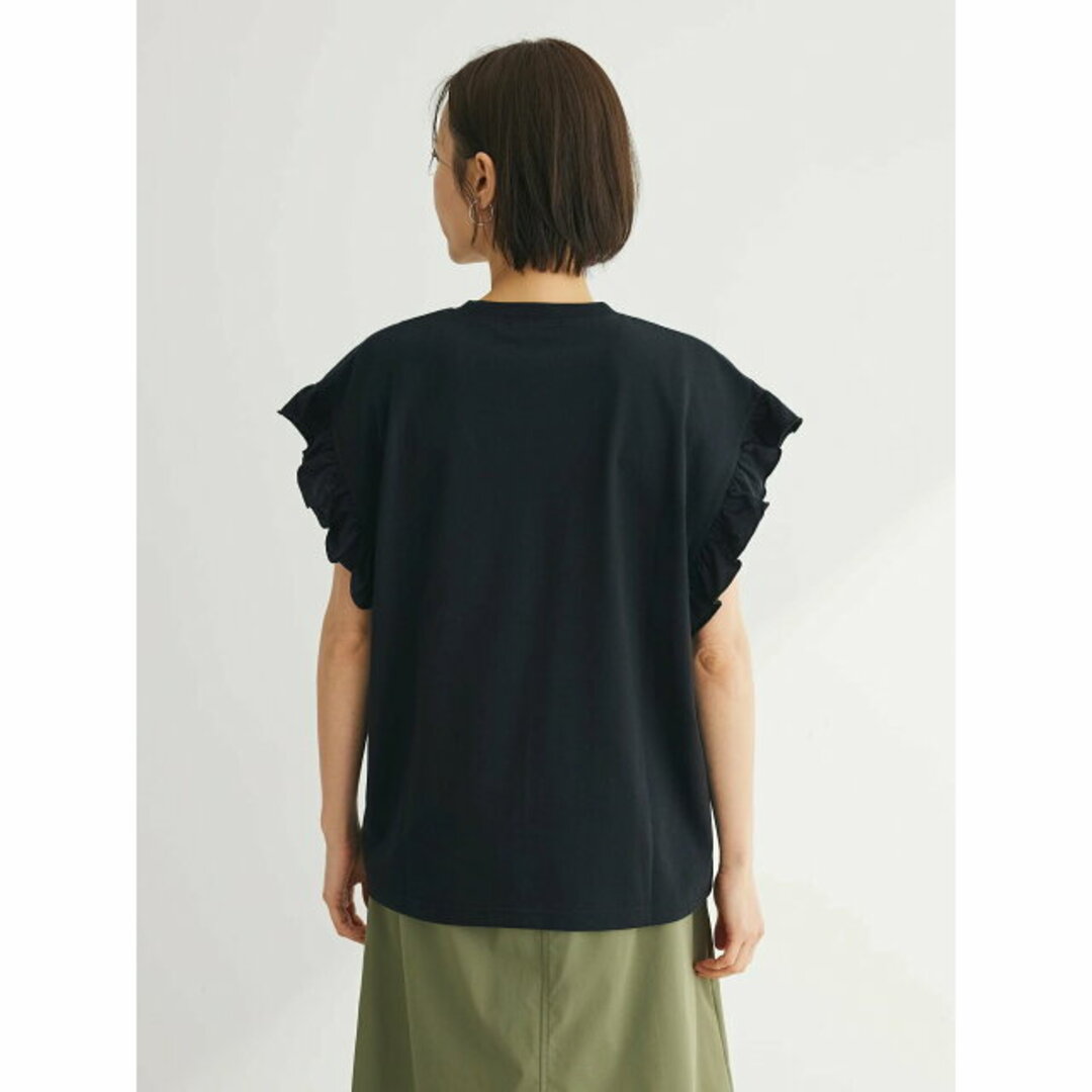 green parks(グリーンパークス)の【ブラック】DoubleFlags フリルショルダープリントTEE 24SS/レディース/夏/クルーネック/着映え/ レディースのトップス(カットソー(長袖/七分))の商品写真