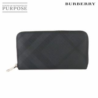 新品同様 バーバリー BURBERRY チェック柄 ラウンドファスナー 長財布 PVC ダークグレー ブラック シルバー 金具 VLP 90230202