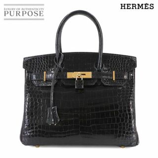 エルメス(Hermes)の新品同様 エルメス HERMES バーキン30 ハンド バッグ クロコダイル ポロサス ブラック □F刻印 ゴールド 金具 VLP 90231337(ハンドバッグ)