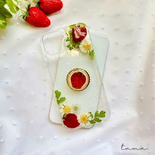 #052 全機種対応　イチゴと葉っぱのスマホケース　スマホリング付き(スマホケース)