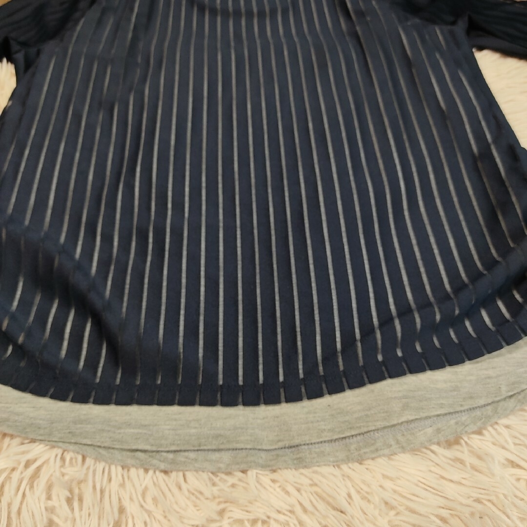 しまむら(シマムラ)のアッシュイデアル   ストライプ柄 シースルー Tシャツ  重ね着風 レディースのトップス(Tシャツ(長袖/七分))の商品写真