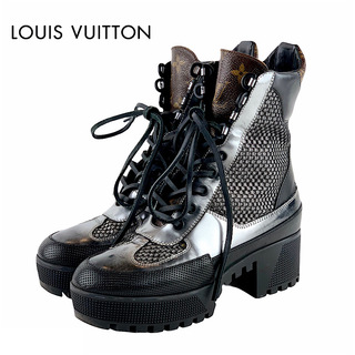 ルイヴィトン(LOUIS VUITTON)のルイヴィトン LOUIS VUITTON ローリエートライン ブーツ ショートブーツ 靴 シューズ ブラック メタリックシルバー アンクルブーツ レースアップ モノグラム(ブーツ)