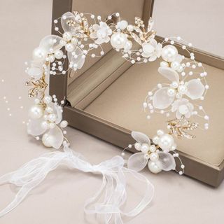 46 ヘアアクセサリー髪飾り花ゴールドヘッド ドレス結婚式ブライダルカチューシャ(その他ドレス)