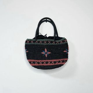 Nobrand 巾着型 かごバッグ 刺繍 ストローバッグ ブラック 黒 プチプラ(かごバッグ/ストローバッグ)