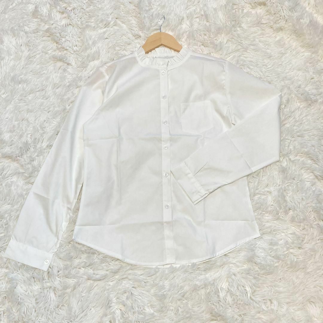 ブラウス 長袖 オフィス シャツ フリル 立ち襟 白 フォーマル　韓国　Lサイズ レディースのトップス(シャツ/ブラウス(長袖/七分))の商品写真