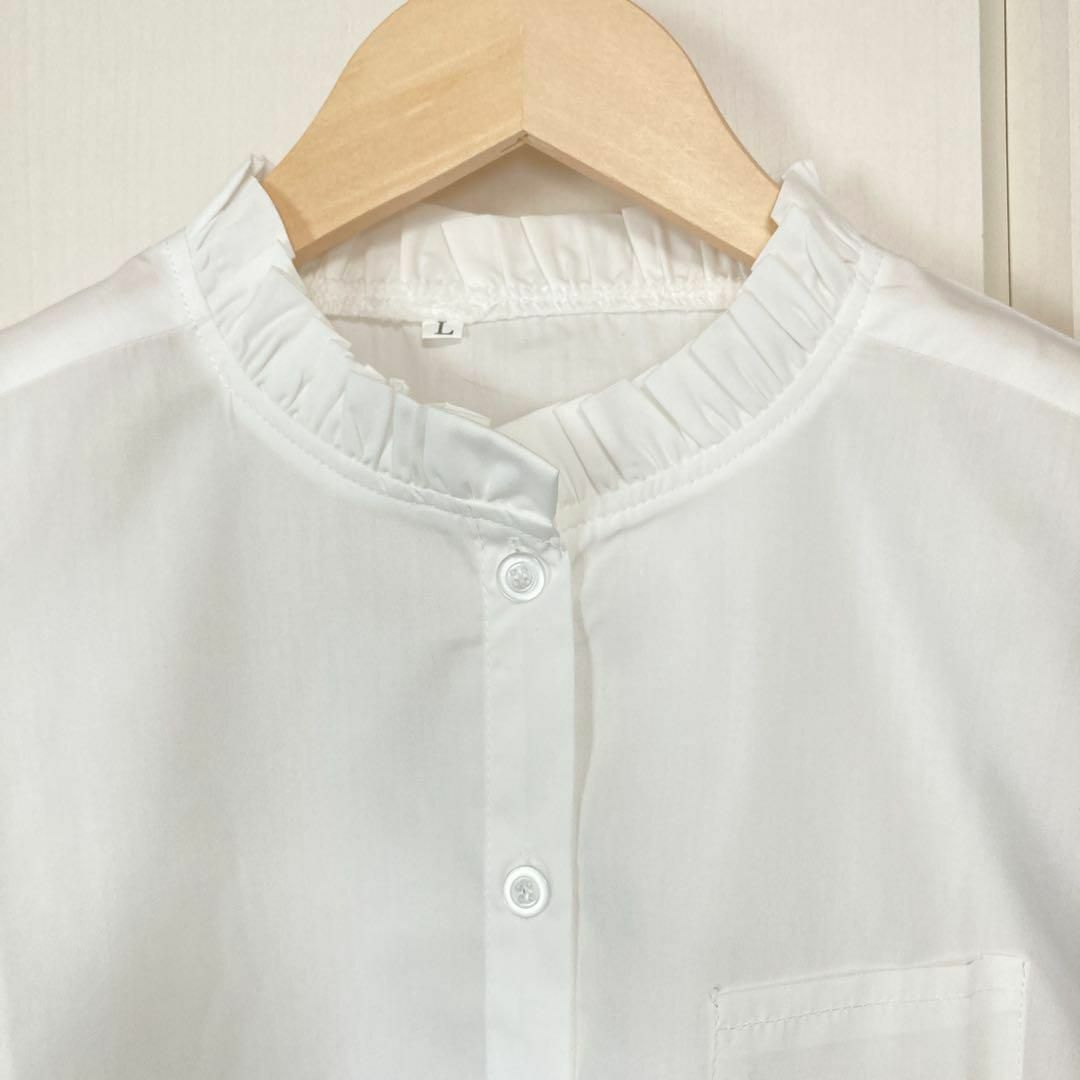 ブラウス 長袖 オフィス シャツ フリル 立ち襟 白 フォーマル　韓国　Lサイズ レディースのトップス(シャツ/ブラウス(長袖/七分))の商品写真