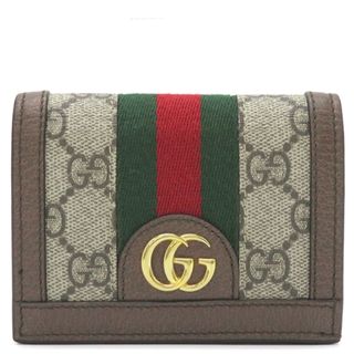 Gucci - グッチ GUCCI 二つ折り財布 オフィディア GG カードケース GGスプリームキャンバス ベージュ×エボニー ゴールド金具 ウェブ シェリーライン 赤 緑 茶  523155【中古】