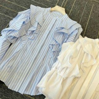 ◎フリル かわいい ブラウス 青 ブルー フリーサイズ トップス 着痩 韓国 服(カットソー(長袖/七分))