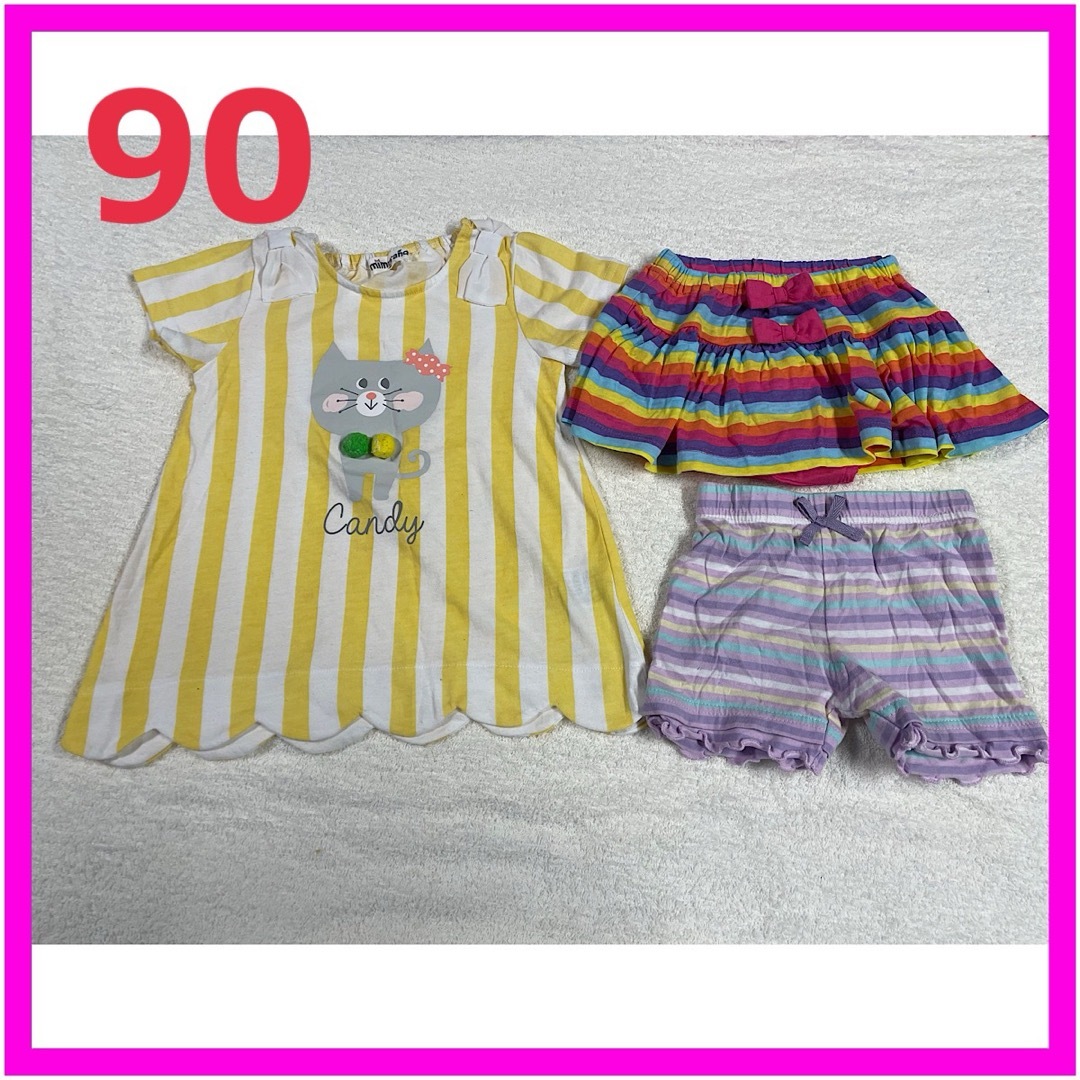 猫柄ワンピース　ミニスカート　半ズボン　3点セット　90size　女の子　夏服 キッズ/ベビー/マタニティのキッズ服女の子用(90cm~)(ワンピース)の商品写真