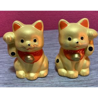 超貴重!!アンティーク【昭峰】艶消金色のとてもかわいいペア招き猫(2体)(その他)