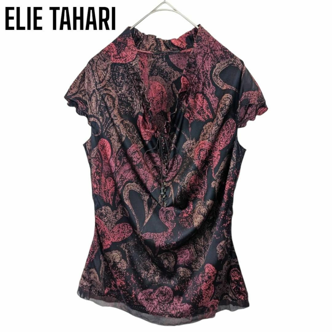 ELIE TAHARI エリータハリ 総柄 サテン ブラウス シャツ カットソー レディースのトップス(シャツ/ブラウス(半袖/袖なし))の商品写真