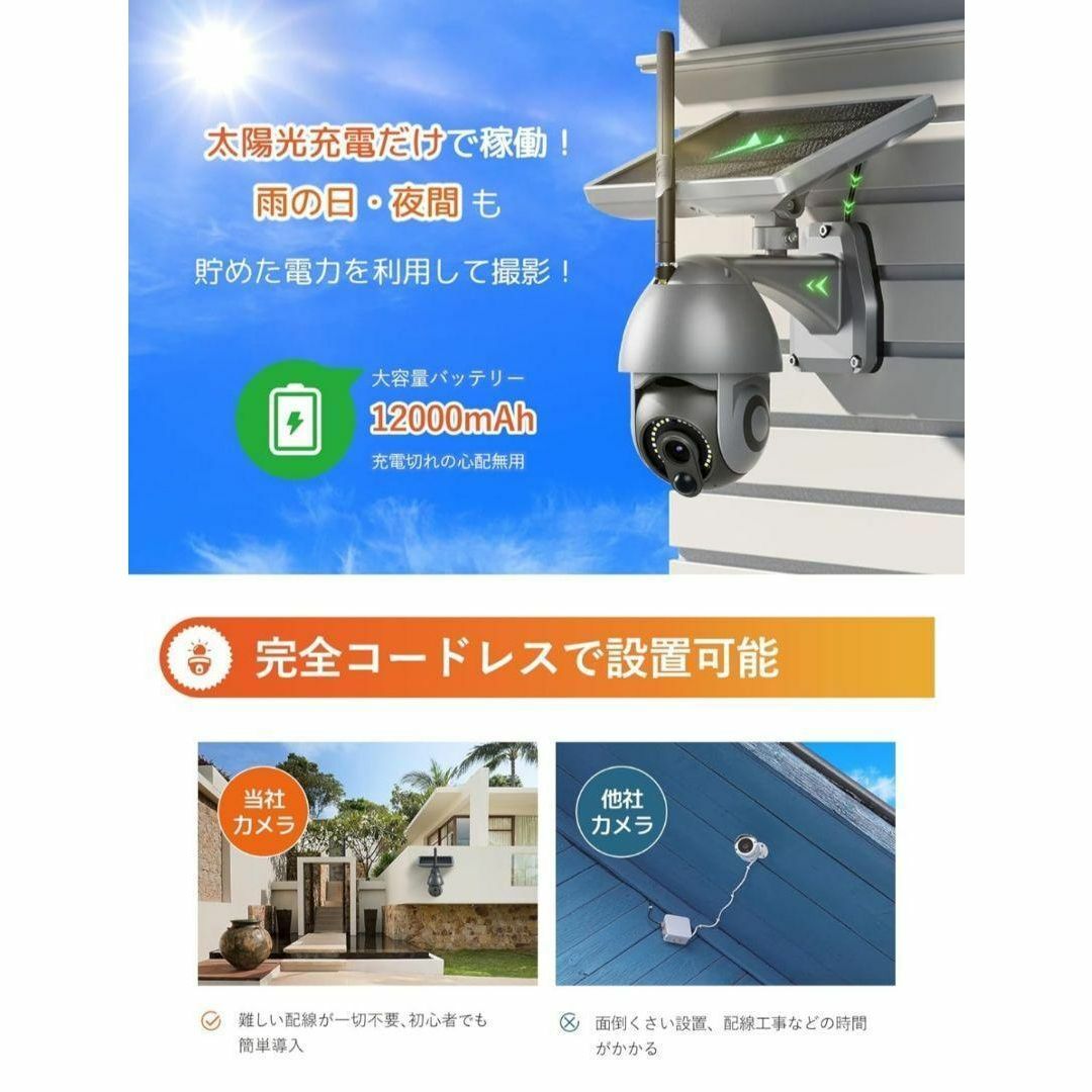 防犯カメラ 屋外 ソーラー ワイヤレス無線 全方位 自動追跡 防水 スマホ/家電/カメラのスマホ/家電/カメラ その他(防犯カメラ)の商品写真