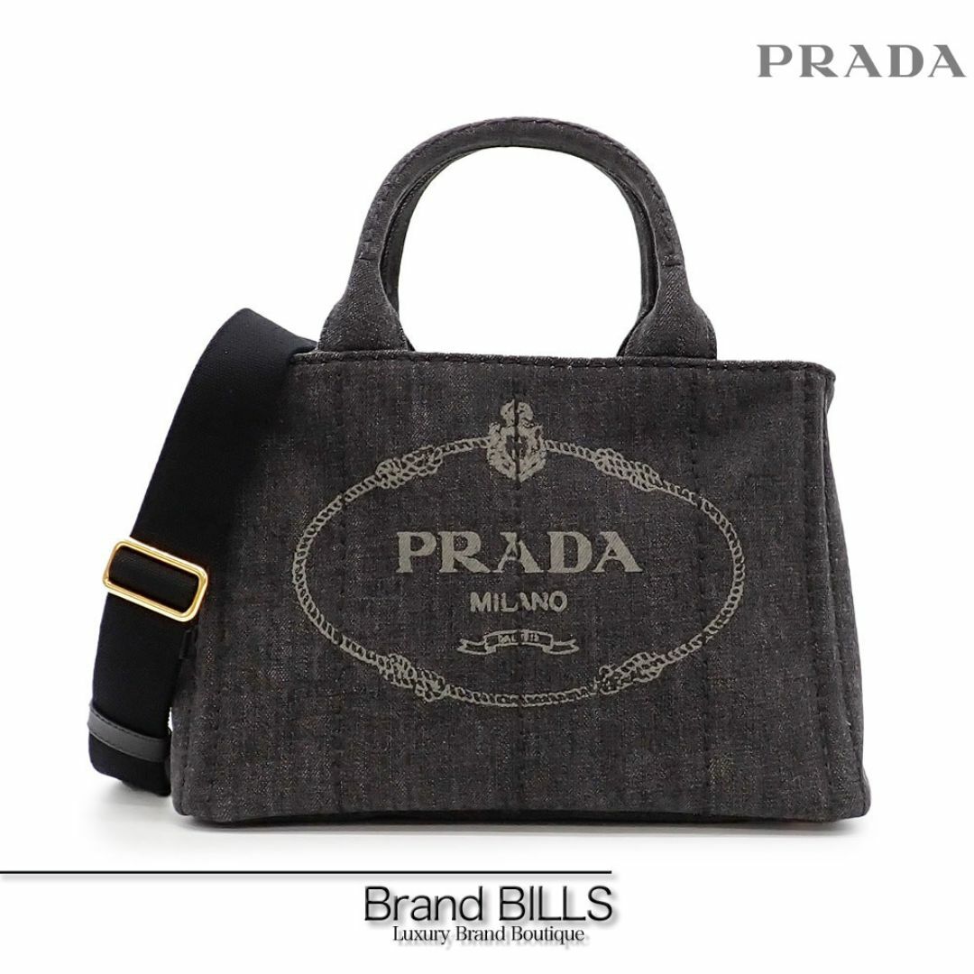 PRADA(プラダ)の未使用品 プラダ カナパ ハンドバッグ ショルダーバッグ 2way B2439G ブラック ゴールド金具 デニム トライアングルロゴ レディースのバッグ(ハンドバッグ)の商品写真