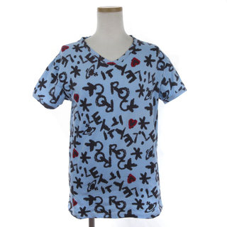 ヴィヴィアンウエストウッド(Vivienne Westwood)のヴィヴィアンウエストウッド Tシャツ 半袖 Vネック 総柄 オーブ 水色 S位(Tシャツ(半袖/袖なし))