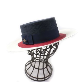 極美品★GUCCI グッチ 454667 PAPIER WIDE BRIM HAT メタルビー付 ぺーパーハット/ストローハット トリコロール L（58cm） イタリア製 正規品 レディース