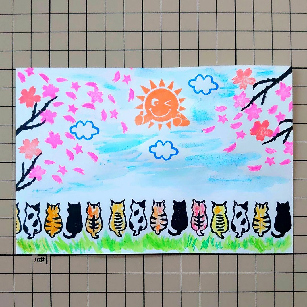 消しゴムはんこ「ネコちゃん・桜・太陽・雲」6個 ハンドメイドの文具/ステーショナリー(はんこ)の商品写真