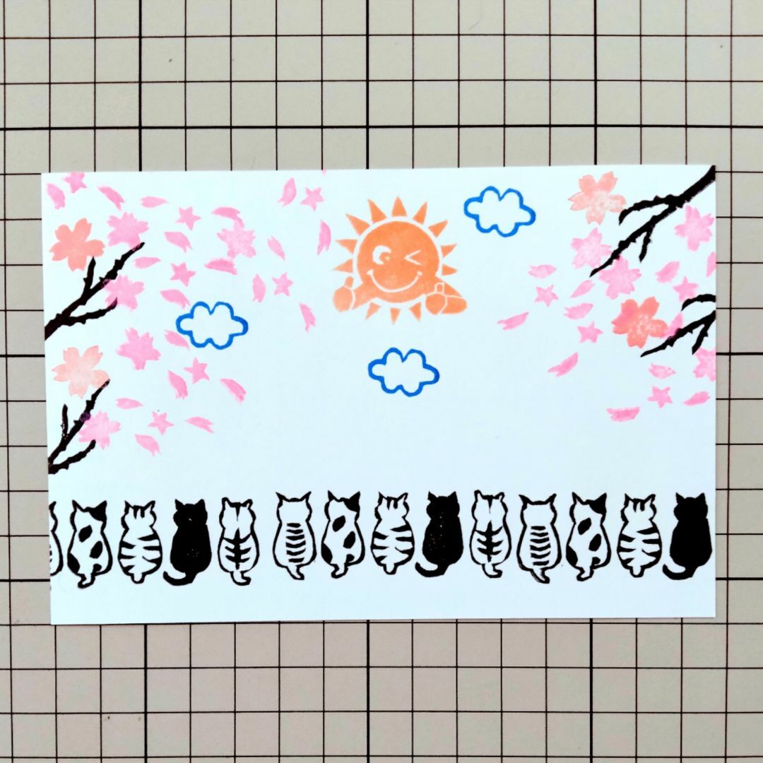 消しゴムはんこ「ネコちゃん・桜・太陽・雲」6個 ハンドメイドの文具/ステーショナリー(はんこ)の商品写真