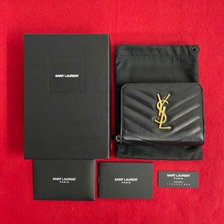 サンローラン(Saint Laurent)のほぼ未使用 箱 袋付 YVES SAINT LAURENT イヴ・サンローラン YSL カサンドラ ロゴ 金具 レザー 二つ折り 財布 ミニ ウォレット 黒 06764(財布)