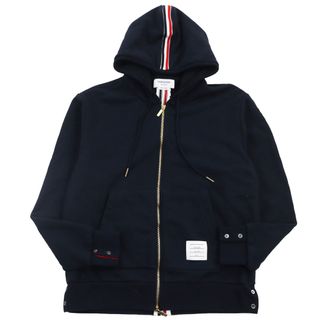 トムブラウン(THOM BROWNE)の美品●THOM BROWNE トムブラウン MJT153A バックトリプルストライプ サイドボタン ジップアップパーカー ネイビー 3 正規品 メンズ(パーカー)