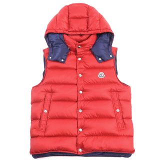 モンクレール(MONCLER)の美品○MONCLER モンクレール E20914338649 C0084 BILLECART GILET ビルカール ロゴワッペン付き スタンドカラー フード付き ドローコード ダブルジップ ダウンベスト レッド ネイビー 3 正規品 メンズ(ダウンベスト)