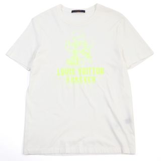 ルイヴィトン(LOUIS VUITTON)の美品○LOUIS VUITTON ルイヴィトン 18AW HFY07W コットン100% ヴィヴィエンヌ ロゴプリント クルーネック 半袖Ｔシャツ/カットソー ホワイト ネオンイエロー M イタリア製 正規品 メンズ(Tシャツ/カットソー(半袖/袖なし))