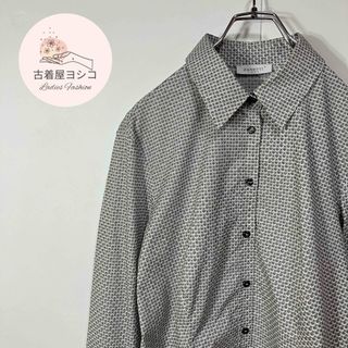 【長袖シャツ　パターン柄デザイン　ストレッチ　ラウンドカット　灰　白　黒　古着】(シャツ/ブラウス(長袖/七分))