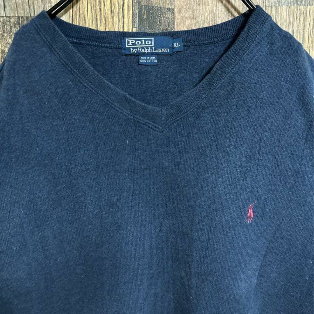 POLO RALPH LAUREN(ポロラルフローレン)のラルフローレン ネイビー ニット Vネック ロゴ セーター XL USA古着 メンズのトップス(ニット/セーター)の商品写真