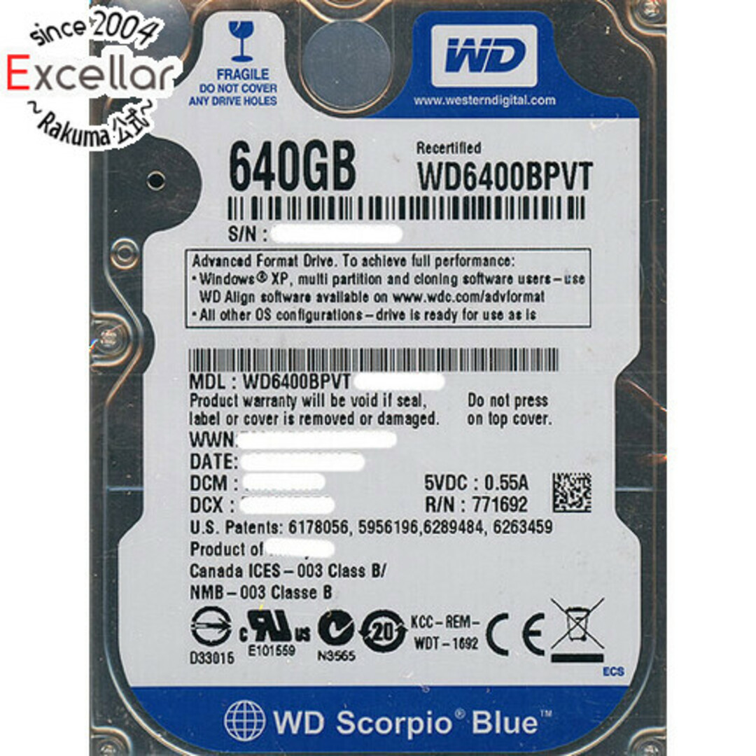 Western Digital(ウェスタンデジタル)のWesternDigital HDD 2.5inch　WD6400BPVT　640GB 9.5mm　2000～3000時間以内 スマホ/家電/カメラのPC/タブレット(PC周辺機器)の商品写真