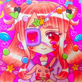 自作 手描き ペン画 ♡ゆめかわちゃん♡オリジナル☆創作☆豆色紙☆(アート/写真)