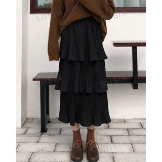 シーイン(SHEIN)のHoneyspot 無地柄 レイヤーフリルスカート 黒(ロングスカート)