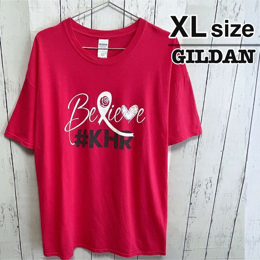 GILDAN(ギルタン)のUSA古着　GILDAN　Tシャツ　XL　ピンク　プリント　ロゴ　クルーネック メンズのトップス(Tシャツ/カットソー(半袖/袖なし))の商品写真