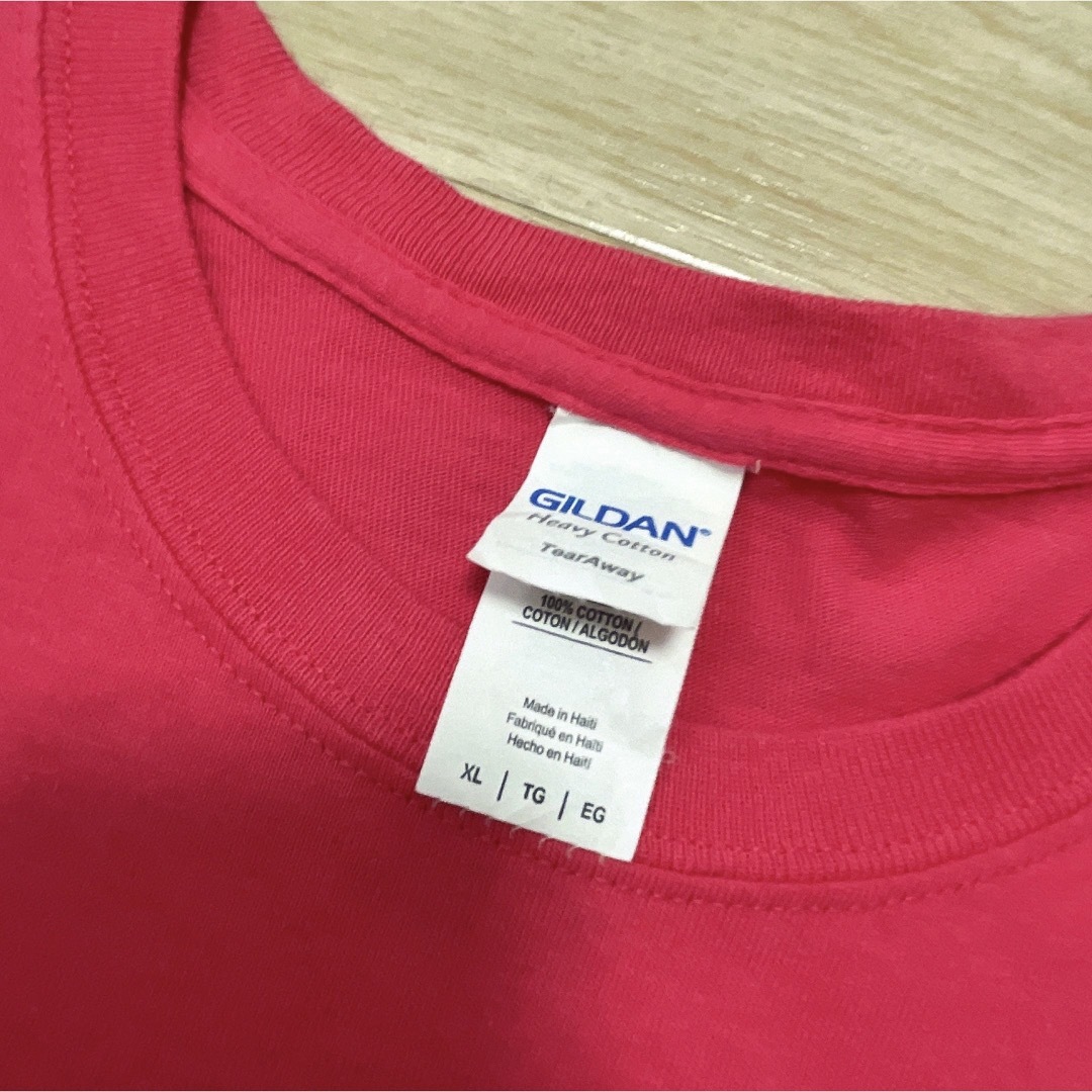 GILDAN(ギルタン)のUSA古着　GILDAN　Tシャツ　XL　ピンク　プリント　ロゴ　クルーネック メンズのトップス(Tシャツ/カットソー(半袖/袖なし))の商品写真