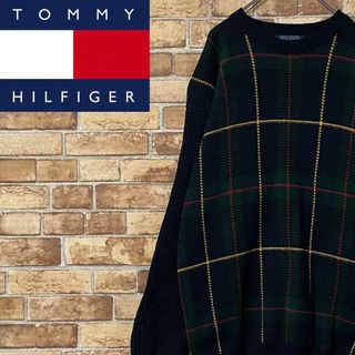 TOMMY HILFIGER - トミーヒルフィガー　90s フラッグタグ　ニット　セーター　ネイビー　チェックM