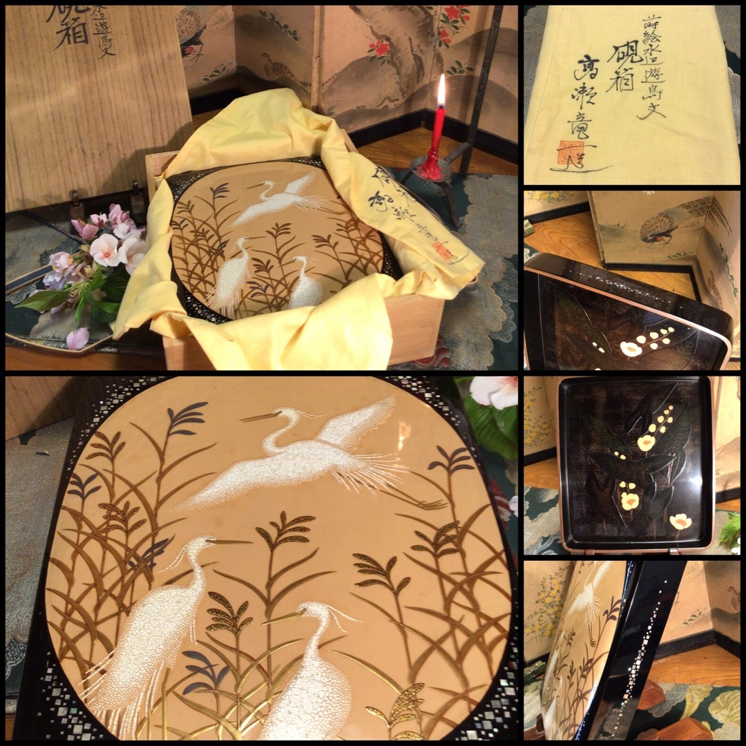 【特別出品】木製輪島塗　硯箱　書道具　蒔絵水辺遊鳥紋　髙瀬竜一造 エンタメ/ホビーの美術品/アンティーク(漆芸)の商品写真