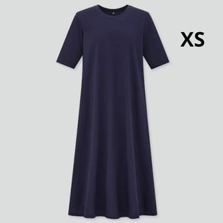 ユニクロ(UNIQLO)の【新品】UNIQLO マーセライズコットンAラインワンピース（ネイビー XS)(ひざ丈ワンピース)