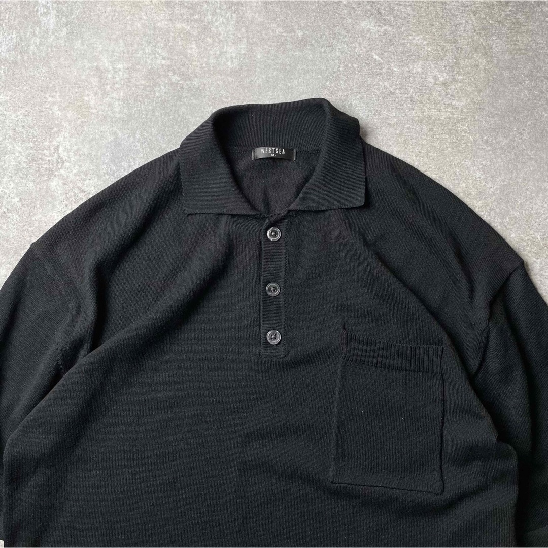 WESTSEA(ウエストシー)のWESTSEA ニットポロ 半袖 ブラック レーヨン Mサイズ 胸ポケ メンズのトップス(ポロシャツ)の商品写真
