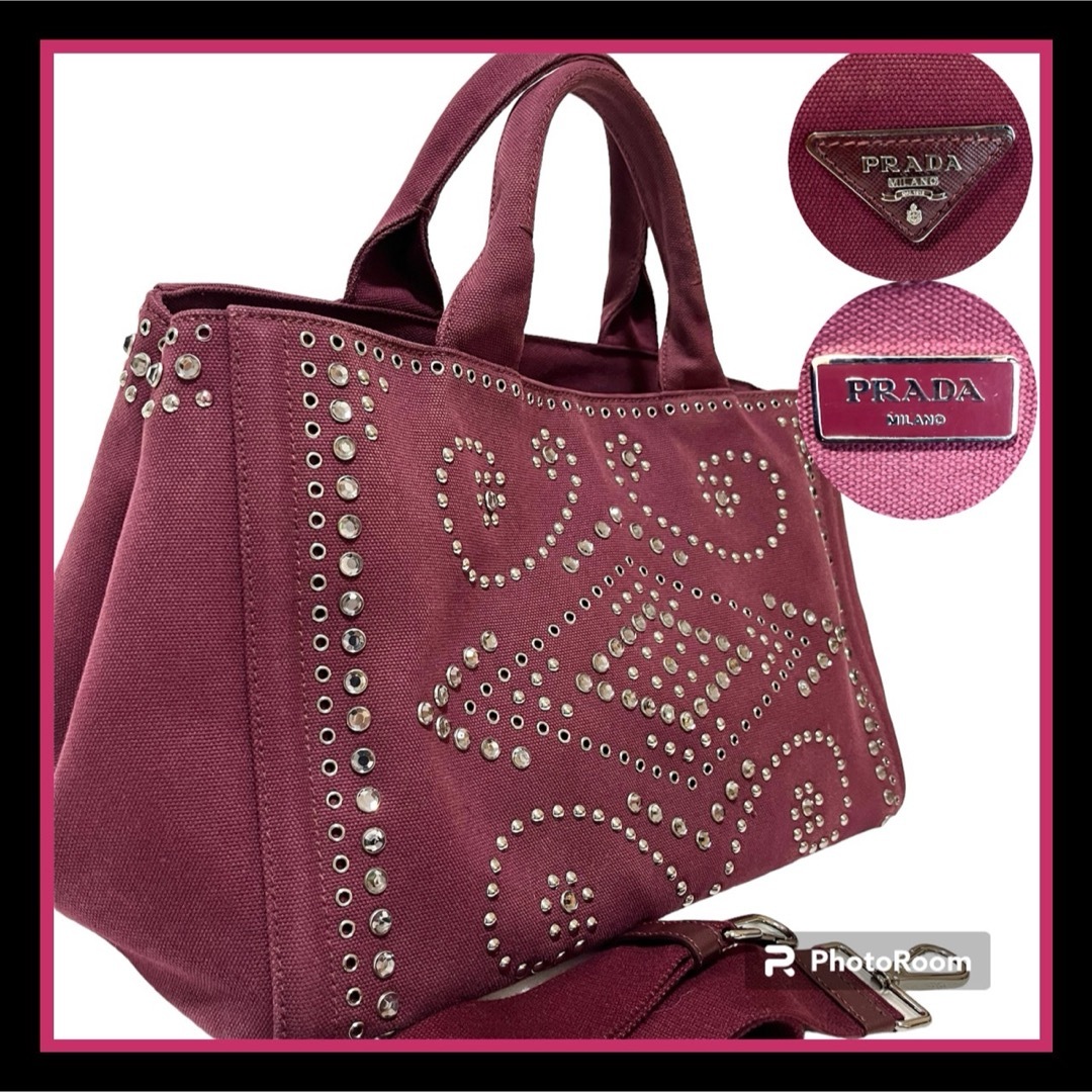 PRADA - 美品 プラダ カナパ スタッズ ビジュー ハンドバッグ PRADA - 美品 プラダ カナパ スタッズ ビジュー ハンドバッグ