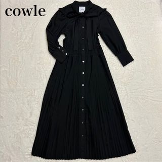 cowleプリーツワンピース　ロング　ブラック　ボウタイ　サイズM相当(ロングワンピース/マキシワンピース)