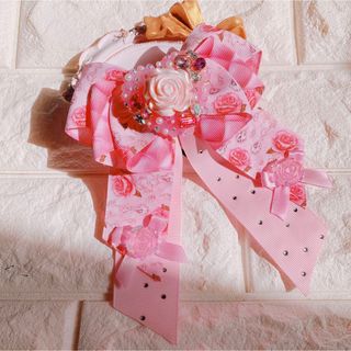 532 ハンドメイド リボン ヘアゴム ローズ 薔薇 ビジュー ピンク