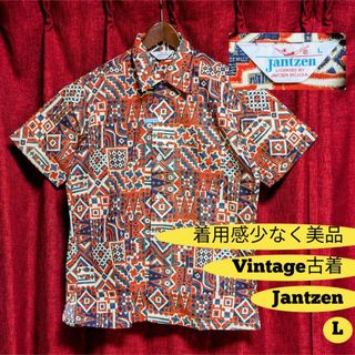 ヴィンテージ(VINTAGE)の美品 ヴィンテージ古着 Jantzen ジャンセン 半袖 総柄 シャツ 赤 L(シャツ)