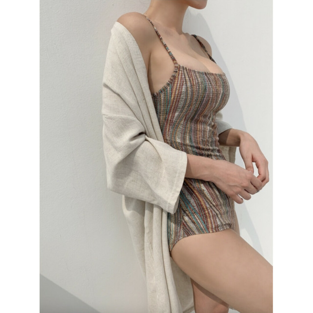 ランダム ストライプ ワンピース スイムスーツ L 水着 チェック 可愛い 韓国 レディースの水着/浴衣(水着)の商品写真